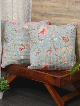 The Home Story - Cushion Covers Set of 2 - 22 x 22 Inches - Light Orange Flowers