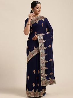 Sareemall - Womens Silk Blend Navy Blue Embellished Designer Saree with Unstitched Blouse