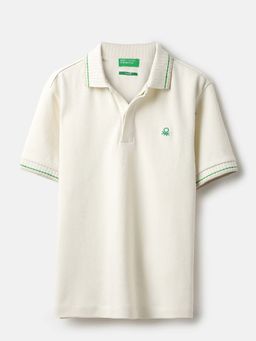 United Colors of Benetton - Off White Solid Relaxed Fit Polo T-Shirt