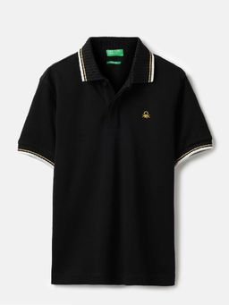 United Colors of Benetton - Black Solid Relaxed Fit Polo T-Shirt