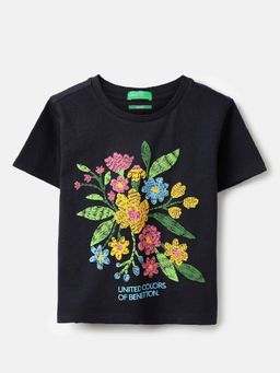 United Colors of Benetton - Navy Blue Floral Boxy Fit T-Shirt