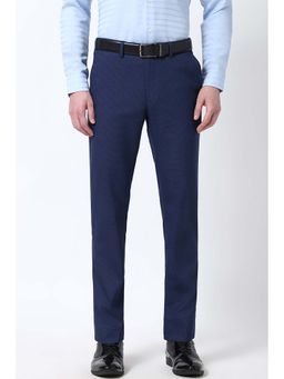 Peter England - Men Navy Textured Slim Fit Trousers