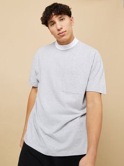 Styli - Grey Contrast Neck Oversized T-shirt With Pocket Detail