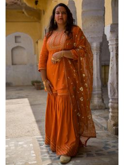 Pink Cactii - Orange Festive Embroidered Kurta with Sharara & Dupatta (Set of 3)