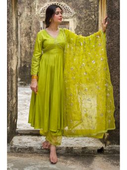 Pink Cactii - Light Green Festive Embroidered Anarkali Kurta with Pant & Dupatta (Set of 3)