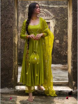 Pink Cactii - Jaadugari Green Embroidered Anarkali Kurta with Koti, Pant & Dupatta (Set of 4)