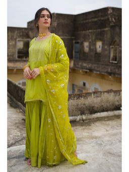 Pink Cactii - Light Green Festive Embroidered Kurta with Sharara & Dupatta (Set of 3)