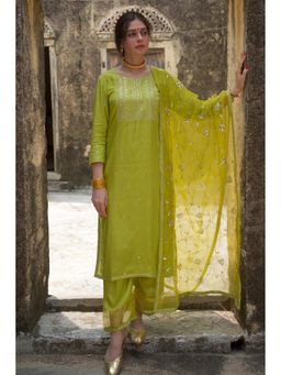 Pink Cactii - Light Green Festive Embroidered Kurta with Pant & Dupatta (Set of 3)