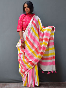 Chidiyaa - Sweth Handblock Printed Mulmul Cotton Saree
