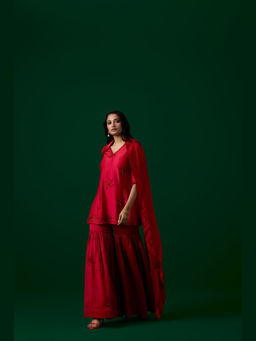 MEESA - Red Embroidered Kurta with Sharara and Dupatta