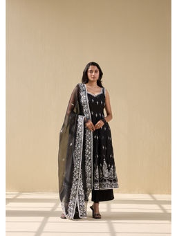 MEESA - Black Embroidered Organza Kurta with Pant and Dupatta