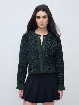 ELLE - Women Navy Blue Nylon Textured V Neck Regular Fit Cardigans