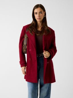 Guess - Women Maroon Solid Lapel Collar Coat