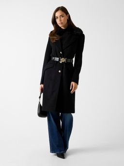 Guess - Women Black Solid Lapel Collar Coat with Belt
