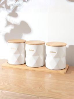 Gleevers - Gievers 3 pcs Ceramic Canister Set with Tray, 750ml, White