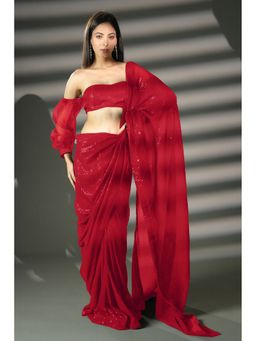 HANDME - Women Red Georgette Embellished Saree with Unstitched Blouse