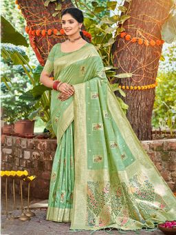 Sangam Prints - Women Green Silk Blend Woven Saree with Unstitched Blouse
