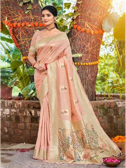 Sangam Prints - Women Pink Silk Blend Woven Saree with Unstitched Blouse