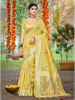 Sangam Prints - Women Yellow Silk Blend Woven Saree with Unstitched Blouse
