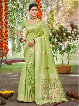 Sangam Prints - Women Green Silk Blend Woven Saree with Unstitched Blouse