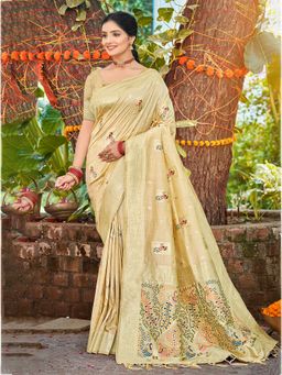 Sangam Prints - Women Cream Silk Blend Woven Saree with Unstitched Blouse
