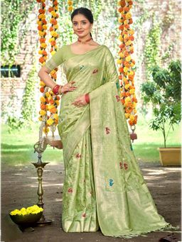 Sangam Prints - Women Green Silk Blend Woven Saree with Unstitched Blouse
