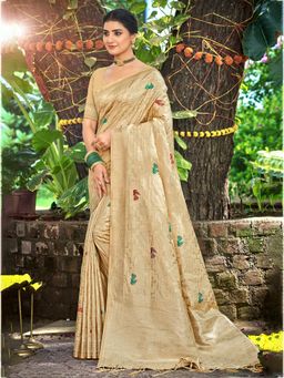 Sangam Prints - Women Beige Silk Blend Woven Saree with Unstitched Blouse
