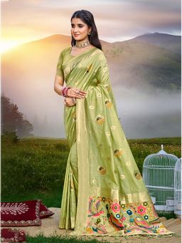 Sangam Prints - Women Green Silk Blend Woven Saree with Unstitched Blouse