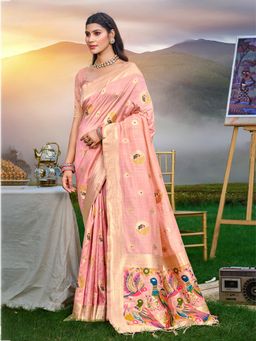 Sangam Prints - Women Pink Silk Blend Woven Saree with Unstitched Blouse