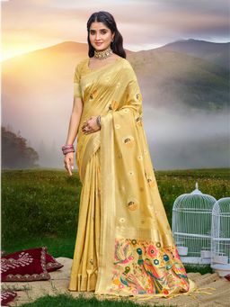 Sangam Prints - Women Yellow Silk Blend Woven Saree with Unstitched Blouse