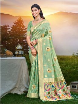 Sangam Prints - Women Green Silk Blend Woven Saree with Unstitched Blouse
