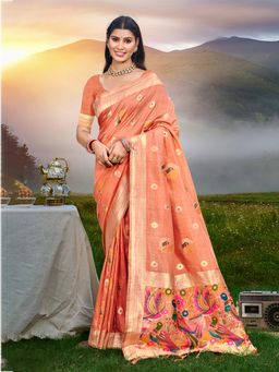 Sangam Prints - Women Orange Silk Blend Woven Saree with Unstitched Blouse