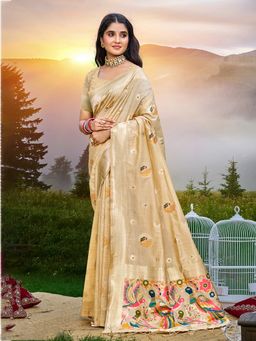 Sangam Prints - Women Beige Silk Blend Woven Saree with Unstitched Blouse