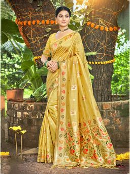 Sangam Prints - Women Yellow Silk Blend Woven Saree with Unstitched Blouse