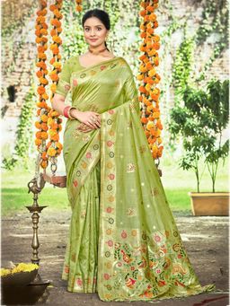 Sangam Prints - Women Green Silk Blend Woven Saree with Unstitched Blouse