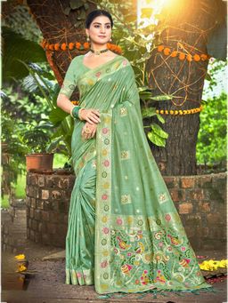 Sangam Prints - Women Green Silk Blend Woven Saree with Unstitched Blouse