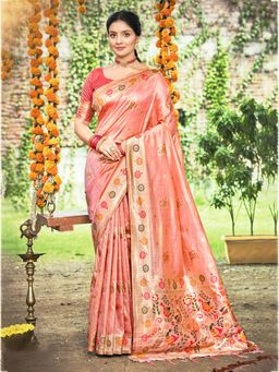 Sangam Prints - Women Peach Silk Blend Woven Saree with Unstitched Blouse