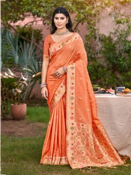 Sangam Prints - Women Orange Silk Blend Woven Saree with Unstitched Blouse