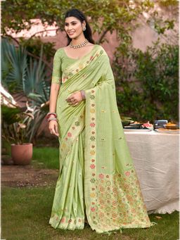 Sangam Prints - Women Green Silk Blend Woven Saree with Unstitched Blouse