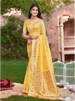 Sangam Prints - Women Yellow Silk Blend Woven Saree with Unstitched Blouse