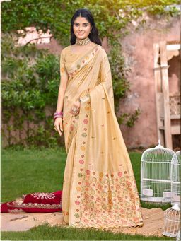 Sangam Prints - Women Beige Silk Blend Woven Saree with Unstitched Blouse