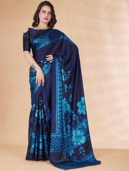 Garden VARELI - Women Blue Satin Floral Saree with Unstitched Blouse