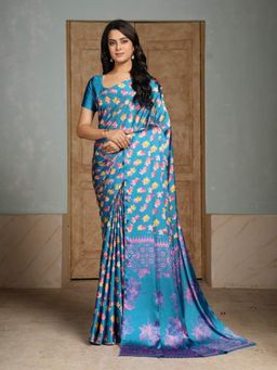 Garden VARELI - Women Blue Crepe Floral Saree with Unstitched Blouse