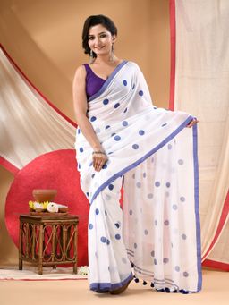 DESH BIDESH - Women Blue Cotton Polka Dots Saree Without Blouse