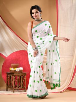 DESH BIDESH - Women Green Cotton Polka Dots Saree Without Blouse