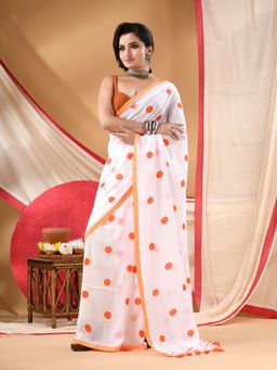 DESH BIDESH - Women Orange Cotton Polka Dots Saree Without Blouse
