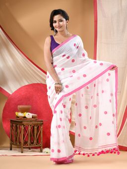 DESH BIDESH - Women Pink Cotton Polka Dots Saree Without Blouse