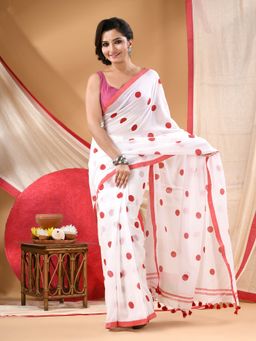 DESH BIDESH - Women Red Cotton Polka Dots Saree Without Blouse