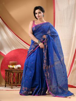 DESH BIDESH - Women Blue Cotton Woven Saree with Unstitched Blouse
