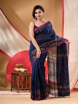 DESH BIDESH - Women Navy Blue Cotton Woven Saree with Unstitched Blouse